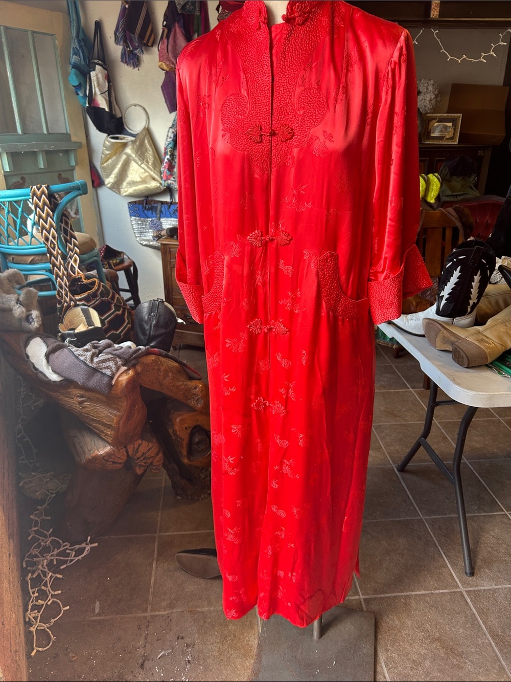 Classic Red Satin Long Robe with Mandarin Collar